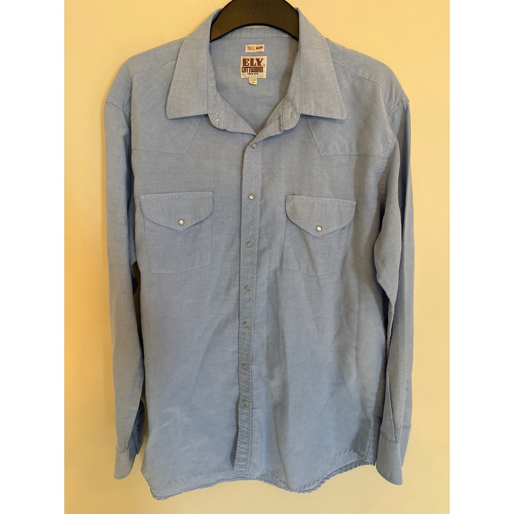 Ely Cattleman Tall Man Western Pearl Snap Shirt Blue Long Sleeve 17.5 x 37 L/XL